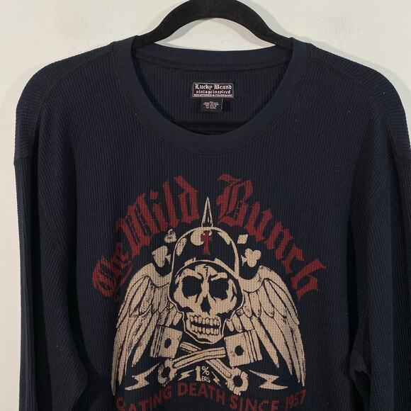 Vtg Y2K Lucky Brand Men Navy Skull Graphics Waffle Knit Long Sleeve Top Size XL - Picture 2 of 8